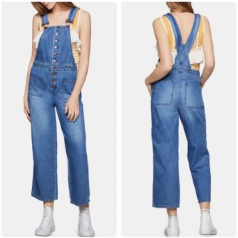 BCBGeneration Patch Pocket Wide Leg Cropped Denim Overalls - size Small